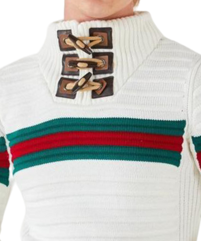 Lragos Red Men's White Sweaters Slim Fit 3 Buttons Collar Red and Green Strip - Design Menswear