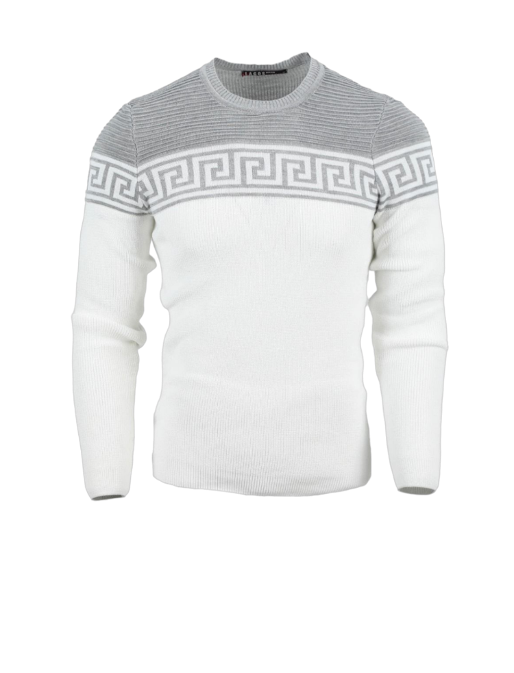 Men's White and Gray Crewneck Sweaters Greek Key style Light Blend Sli
