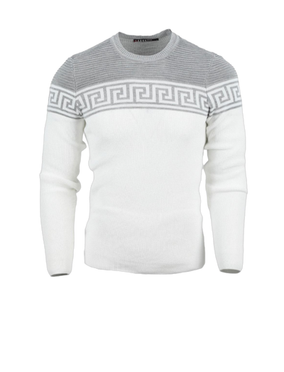 Men's White and Gray Crewneck Sweaters Greek Key style Light Blend Slim Fit - Design Menswear