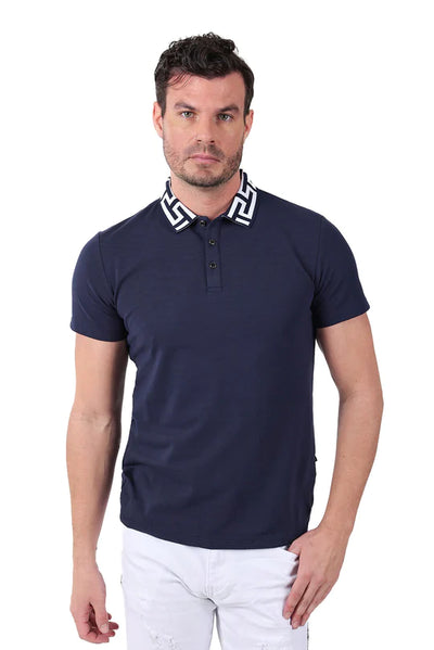 Barabas Men's Blue solid color Polo Greek Key Collar Short-sleeve T-shirt - Design Menswear