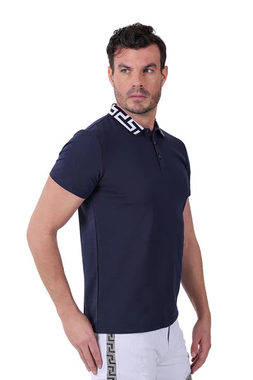 Barabas Men's Blue solid color Polo Greek Key Collar Short-sleeve T-shirt - Design Menswear