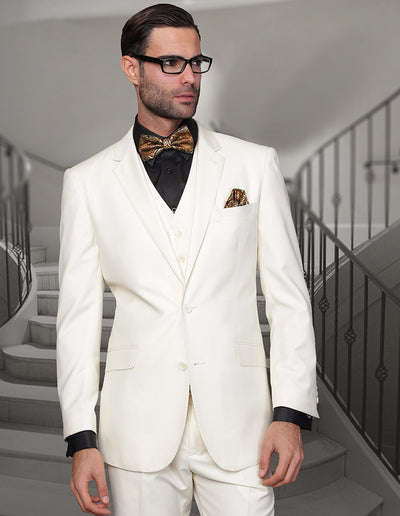 Statement Men's Off White 3pc Vested Suit 100% Wool - Design Menswear