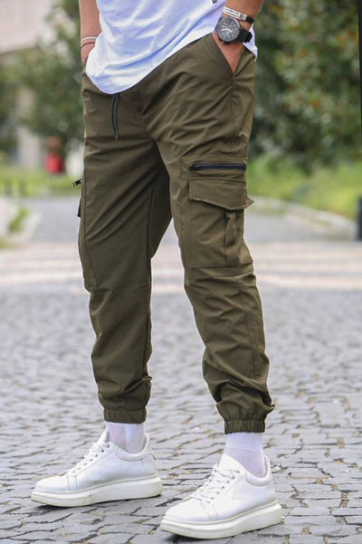 Olive Men's Cargo Elastic Bottom Jogger 2 Pockets With Zipper Slim Fit - Design Menswear