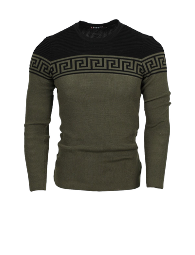 Olive Men's Fashion Design Crewneck Sweaters Greek Key style Light Blend Slim Fit - Design Menswear