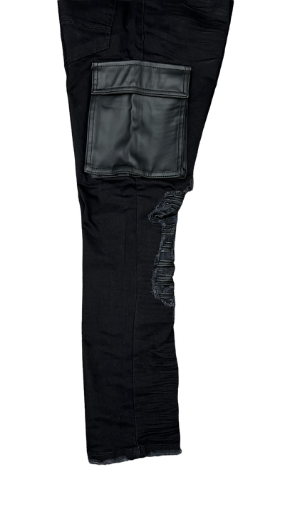 Men's Black Stretch Jeans Cargo Leather Pockets Slim-Fit - Design Menswear