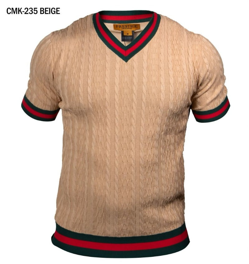 Prestige Beige V-neck T-shirt red and green trim around the sleeve and collar