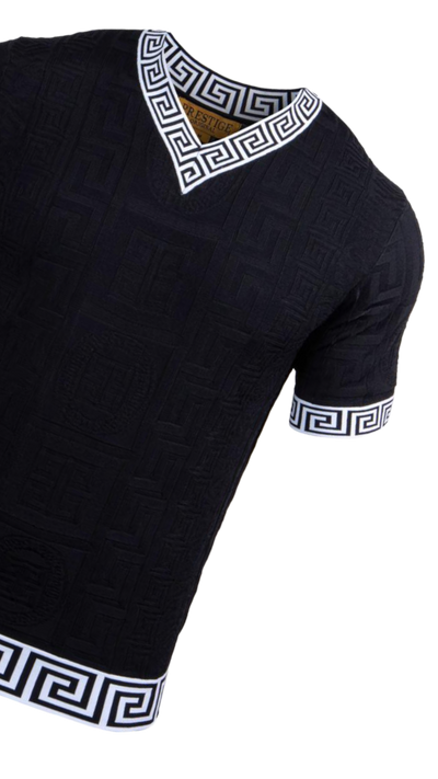 Prestige Black Men's V-Neck T-Shirts Greek key Collar and Sleeve Style CMK-232 Black - Design Menswear