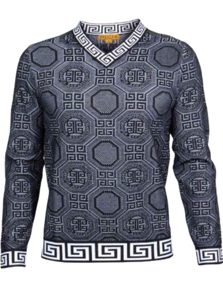 Prestige Black V-Neck Sweaters Long Sleeves Greek Key Trim - Design Menswear
