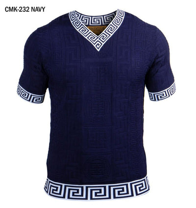 Prestige Blue Men's V-Neck T-Shirts Greek key Collar and Sleeve Style CMK-232 Blue - Design Menswear