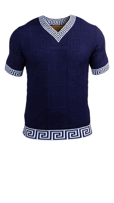 Prestige Blue Men's V-Neck T-Shirts Greek key Collar and Sleeve Style CMK-232 Blue - Design Menswear