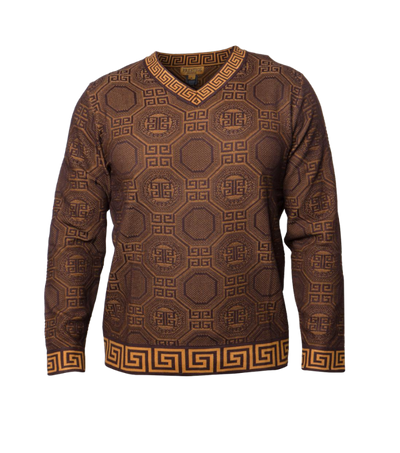 Prestige Brown V-Neck Sweaters Long Sleeves Greek Key Trim - Design Menswear