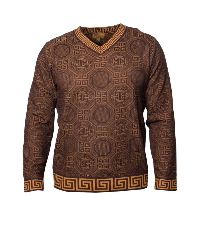 Prestige Brown V-Neck Sweaters Long Sleeves Greek Key Trim - Design Menswear