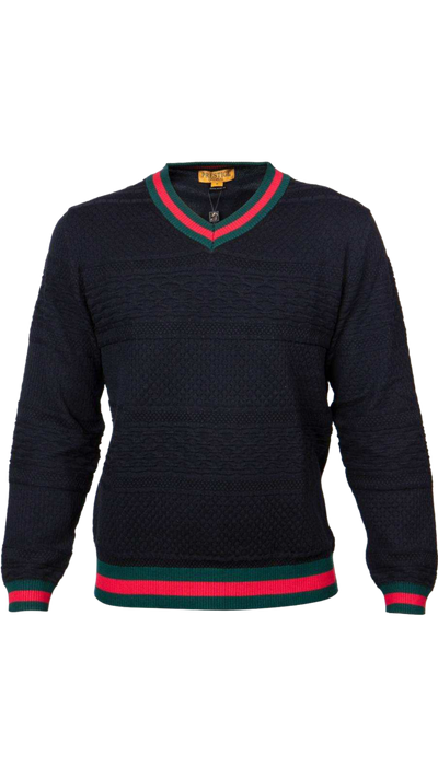 Prestige Men's Black V-Neck Sweaters Long Sleeves Green And Red Trim - Design Menswear
