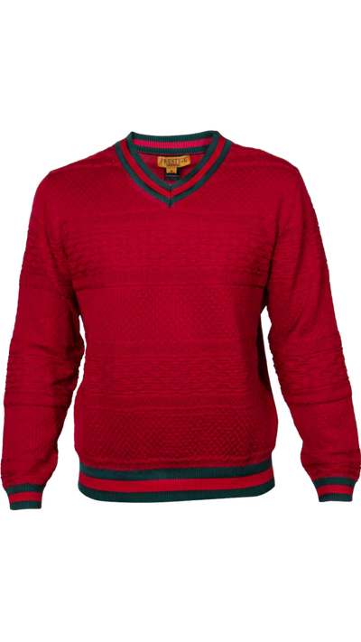 Prestige Men's Red V-Neck Sweaters Long Sleeves Green And Red Trim - Design Menswear