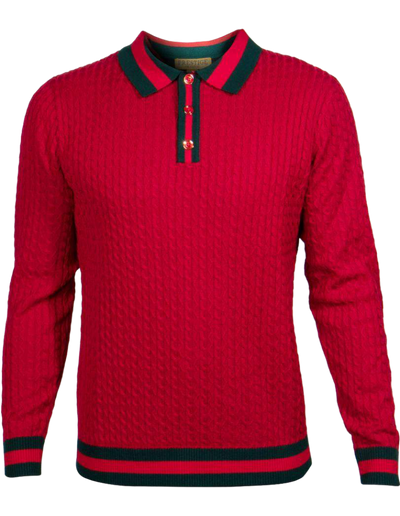 Prestige Men's Red Polo Sweaters Long Sleeves Green And Red Trim - Design Menswear