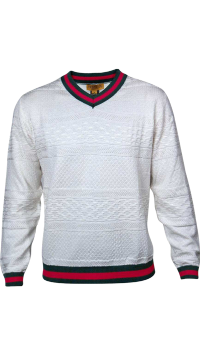 Prestige Men's White Crew-Neck Sweaters Long Sleeves Green And Red Trim - Design Menswear