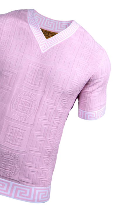 Prestige Pink Men's V-Neck T-Shirts Greek key Collar and Sleeves Fashion Style - Design Menswear