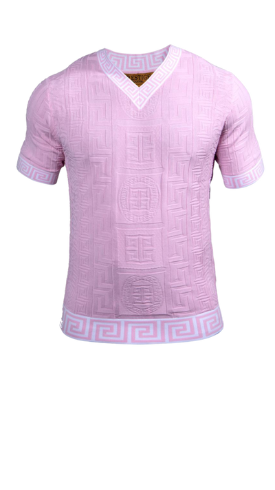 Prestige Pink Men's V-Neck T-Shirts Greek key Collar and Sleeves Fashion Style - Design Menswear