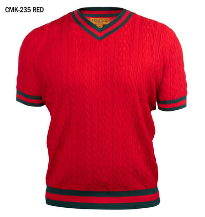 Prestige Red V-neck T-shirt red and green trim around the sleeve and collar