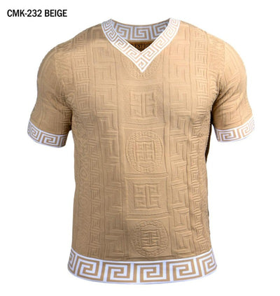 Prestige beige men's v-neck t-shirts greek key white trim around the Collar and Sleeves - Design Menswear