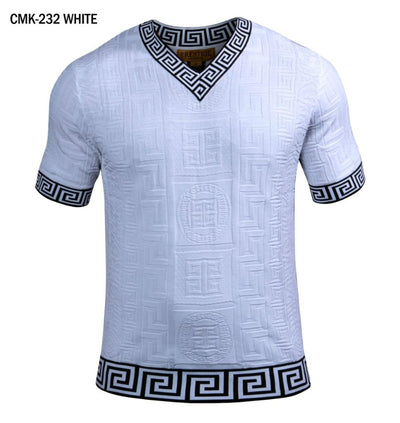 Prestige white men's v-neck t-shirts greek key trim around the Collar and Sleeve - Design Menswear