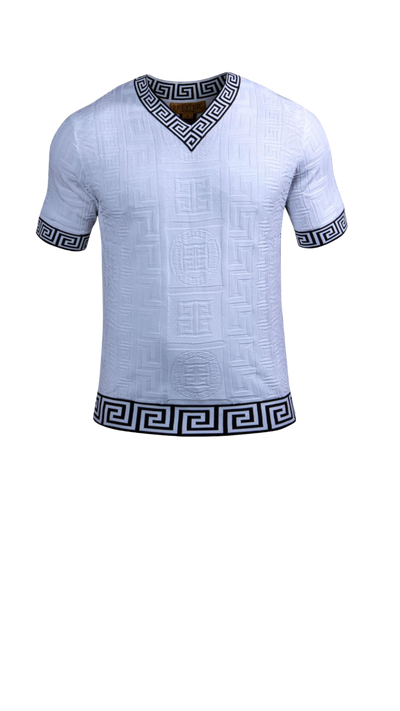 Prestige white men's v-neck t-shirts greek key trim around the Collar and Sleeve - Design Menswear