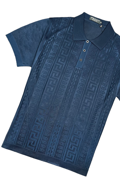 Men's Blue Polo Short Sleeves T-Shirt Greek Key Design - Design Menswear