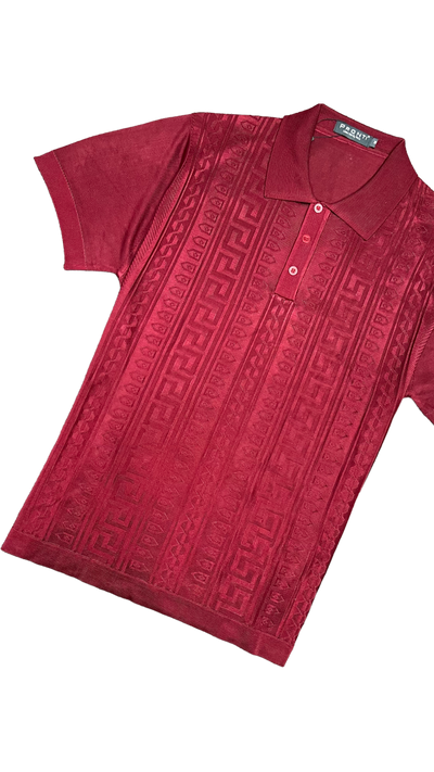 Men's Burgundy Polo T-Shirt Greek Key Design Short Sleeves - Design Menswear