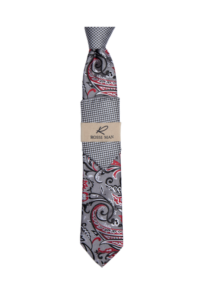 Rossi Man Gray-Red Paisley Ties and Hanky Set - Design Menswear