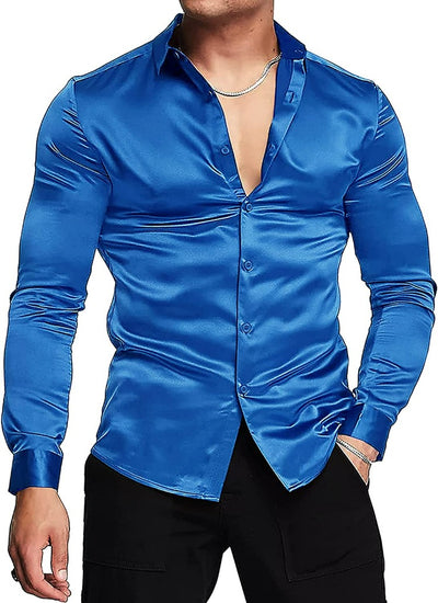 Royal Blue Shiny Satin Silk Dress Shirt Long Sleeve Slim Fit - Design Menswear