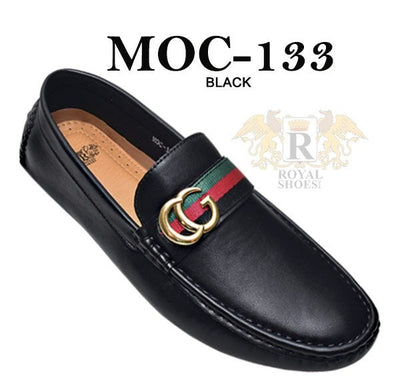 Men's Black Loafer Leather Slip On Red and Green Strip - Design Menswear