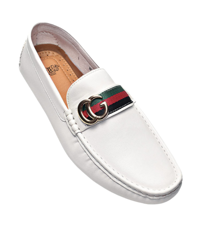 Men's White Loafer Leather Slip On Red and Green Strip - Design Menswear