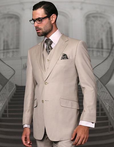 Statement Sand Men's Solid Color 3pc Suit Flat Front Pants 100% Wool Vested - Design Menswear
