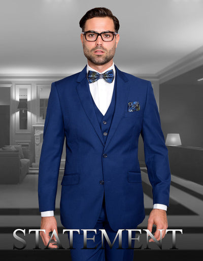 STATEMENT ROYAL BLUE MEN'S TAILORED-FIT 3PC SUIT VESTED 100% WOOL - Design Menswear