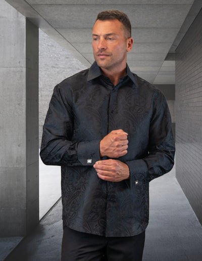 Men's Black Fancy Casual Long Sleeves Shirt With Cufflink Regular-Fit - Design Menswear