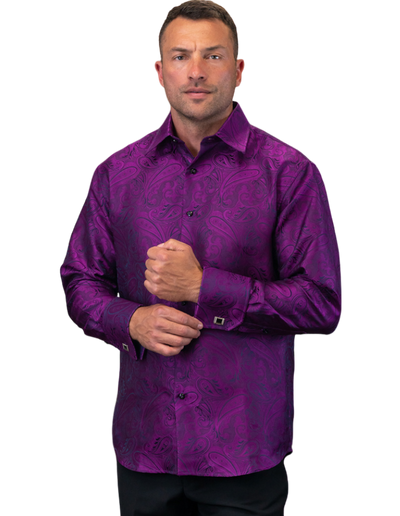 Men's Purple Fancy Casual Long Sleeves Shirt and Cufflink Regular-Fit - Design Menswear