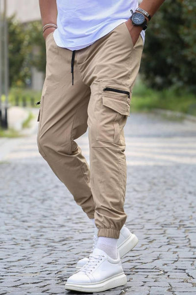 Tan Men's Stretch Cargo Elastic Bottom Joggers 2 Pockets with Zipper Slim Fit - Design Menswear