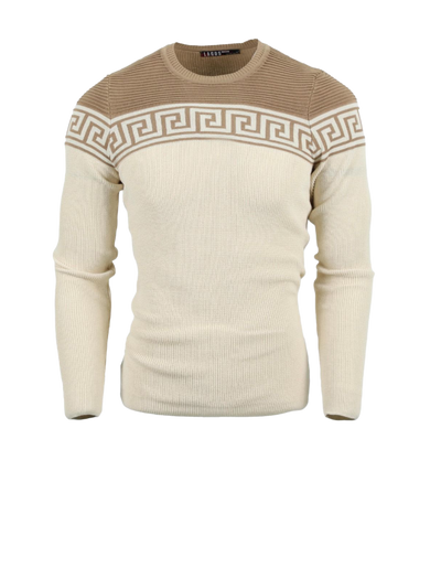 Tan Men's Fashion Design Crewneck Sweaters Greek Key style Light Blend Slim Fit - Design Menswear