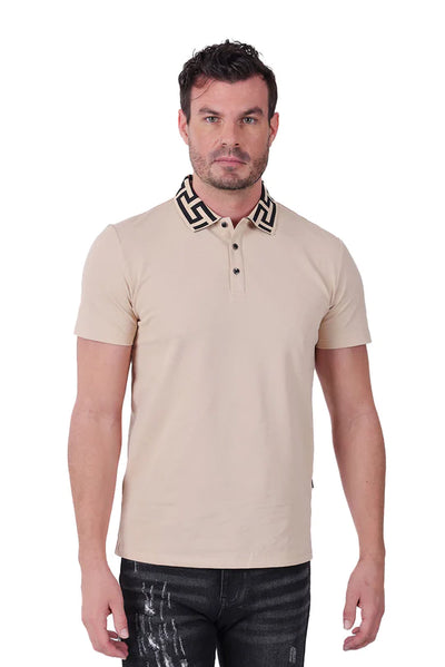Men's Barabas Tan solid color Greek Key Collar Short-sleeve polo T-shirt - Design Menswear