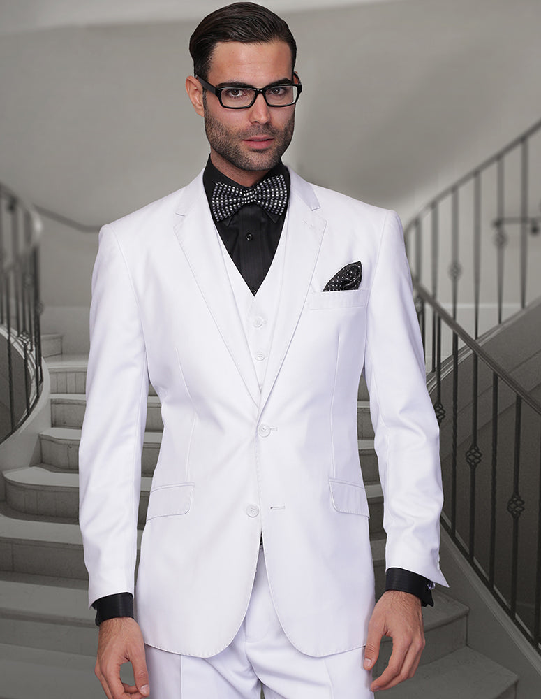 Statement White Tailored Fit Wool Suit Vested Flat Front Pants - Design Menswear