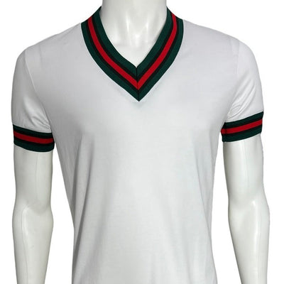 Premium Clothing White Men's V-Neck T-shirt Red & Green Trim Short Sleeves - Design Menswear