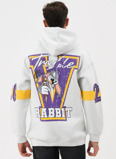 Loose fit men's white graphic hoodies rabbit printed - Design Menswear