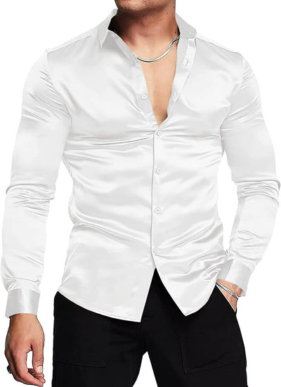White Men's Shiny Satin Silk Dress Shirt Long Sleeve Casual Slim Fit - Design Menswear