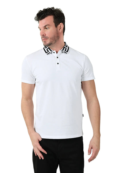 Barabas Men's White solid color Polo Greek Key Collar Short sleeve - Design Menswear