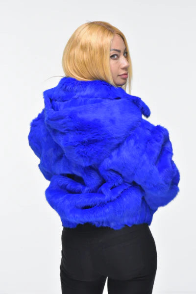 Winter fur women’s Royal Blue Fur Coat Rabbit fur with Detachable Hoodies - Design Menswear
