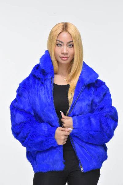 Winter fur women’s Royal Blue Fur Coat Rabbit fur with Detachable Hoodies - Design Menswear