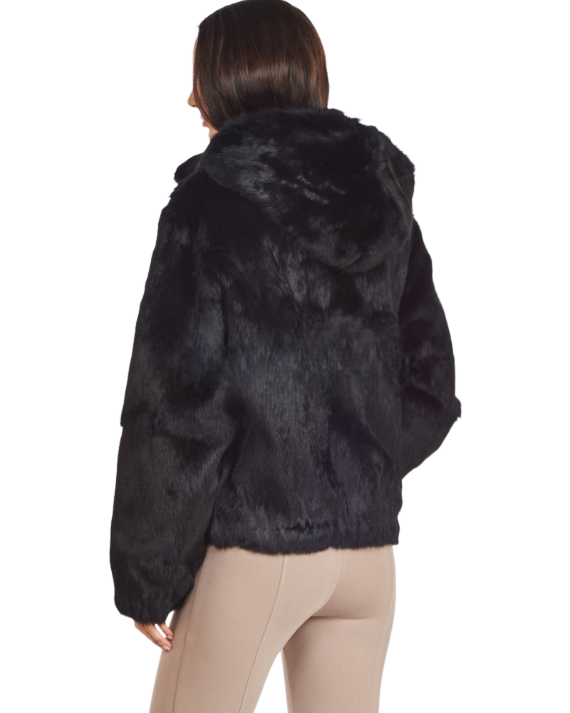 Women Black Fur Coat Rabbit fur with Detachable Hoodies Made By Winter Fur - Design Menswear