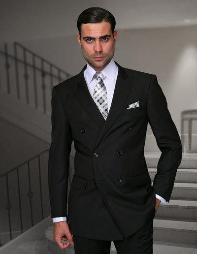 Statement black men's suit double breasted classic fit pleated pants - Design Menswear