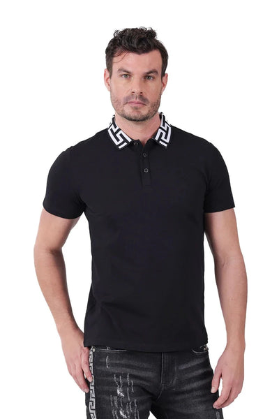 Barabas Men's Black Polo T-Shirt Greek Key Collar - Design Menswear