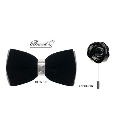 Men's Black Velvet and Silver Leather Bowties Hanky and Flowers - Design Menswear